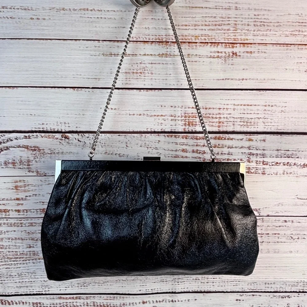 Vintage Talbots Black‎ Leather Gathered Frame Clutch Bag Silver Chain Strap